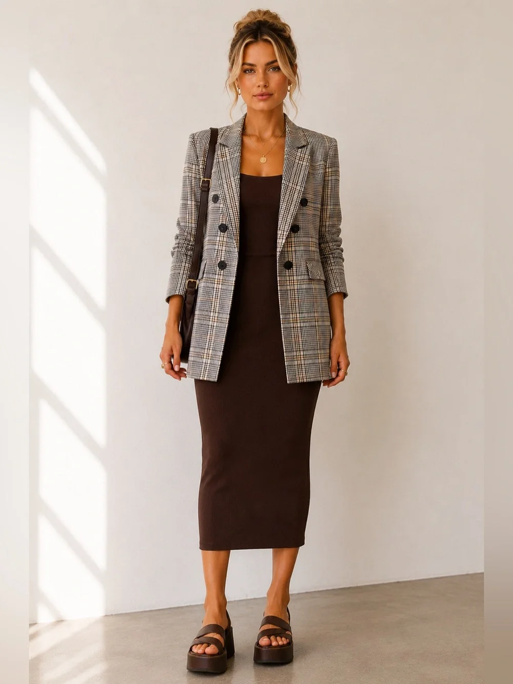 1.STATE – Longline Plaid Ruched Sleeve Double Breasted Blazer – Glen Check – Sz.
